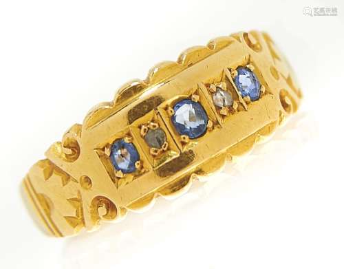 A Victorian five stone sapphire and diamond ring in 18ct gol...