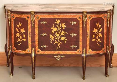 A marquetry commode, 20th c, in Louis XVI style, with marble...