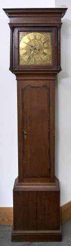 A George III oak longcase clock, the flared cornice Greek ke...