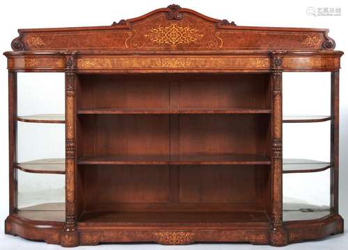 A Victorian walnut and inlaid open bookcase, c1870, the low ...