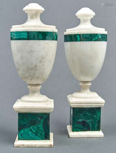 Two white marble and malachite urns, 20th c, in neo classica...