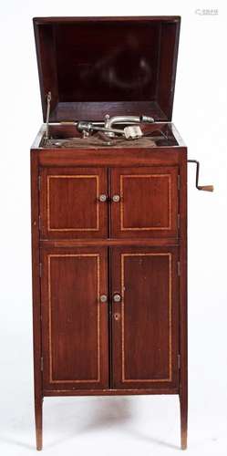 A mahogany and broken line inlaid cabinet gramophone, c1930,...