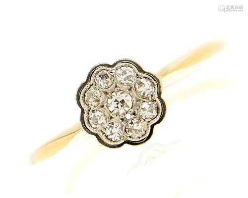 A diamond cluster ring in gold marked 18ct, 2.8g, size R½ Li...