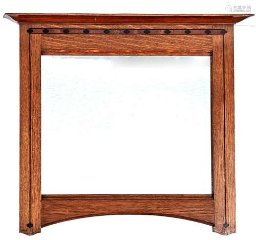 An Arts & Crafts oak, walnut and ebony line inlaid mirror, e...