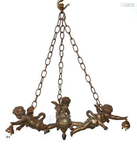 A French spelter gilt and oxidised three cherub chandelier, ...
