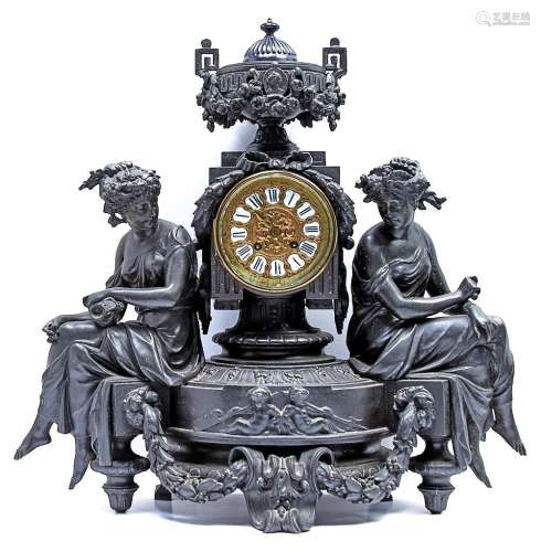 A French fin de siecle bronzed spelter mantel clock, c1900, ...