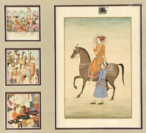 Indian School - A Prince on Horseback and three smaller mini...