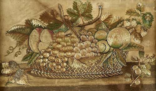 An embroidered silk picture of a basket of fruit, early 19th...