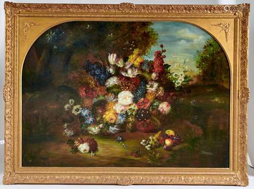 20th c School - Still Life with Luxuriant Flowers and Fruit,...