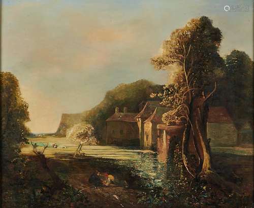 British School, 19th c - Estuary Scene with Anglers, oil on ...