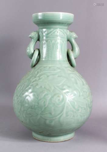A LARGE CHINESE CELADON PORCELAIN TWIN HANDLE VASE, the body...