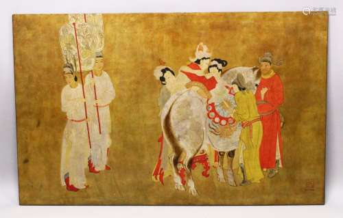 A LARGE AND IMPRESSIVE VIETNAMESE PAINTED PANEL OF A WEDDING...