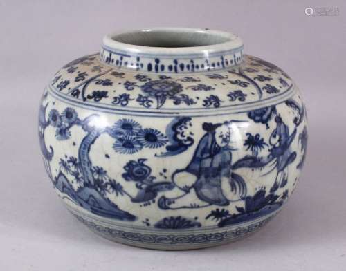 A CHINESE MING STYLE BLUE & WHITE PORCELAIN POT, decorated w...
