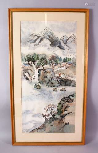 A CHINESE FRAMED PAINTING OF A NATIVE LANDSCAPE SCENE, depic...