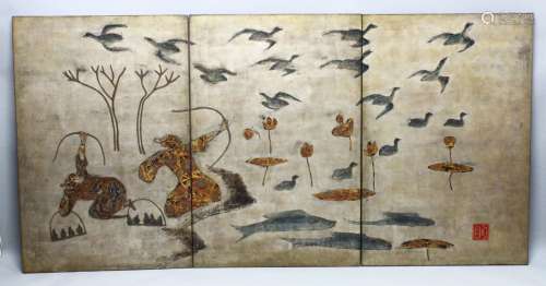 A SUPERB VIETNAMESE THREE PANEL PAINTING OF A HUNTING SCENE ...