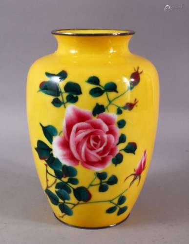 A JAPANESE CLOISONNE ANDO STYLE FLORAL VASE, the bright yell...