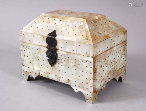 A GOOD INDIAN INLAID MOTHER OF PEARL CASKET FORM LIDDED BOX,...