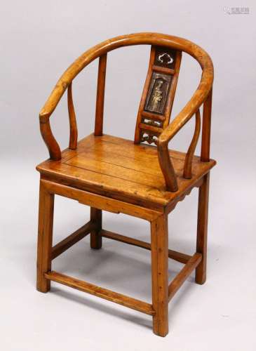 A CHINESE CARVED WOOD HOOP BACK ARM CHAIR, the back panel ca...