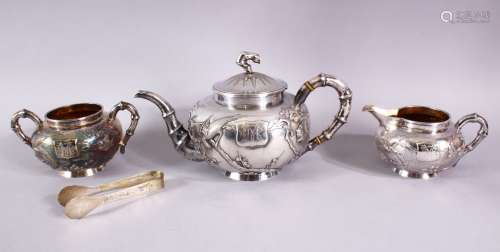 A VERY GOOD CHINESE THREE PIECE SILVER TEA SET, decorated wi...