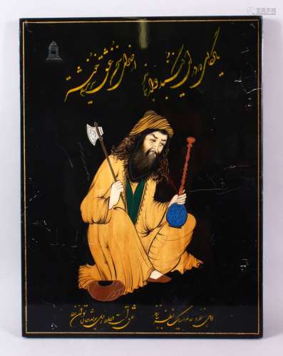 AN ISLAMIC WOOD & LACQUER PANEL OF A SEATED MAN - the man in...