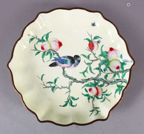 A CHINESE ENAMEL PEACH BLOOM DISH, the dish with a pale yell...