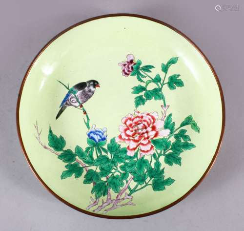 A CHINESE ENAMEL FLORAL DISH, the dish with a pale lime gree...