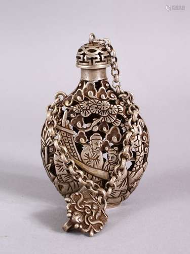 A CHINESE WHITE METAL OPENWORK SNUFF BOTTLE, with decoration...