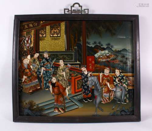 A GOOD CHINESE GLASS PAINTED PICTURE, with many figure in an...