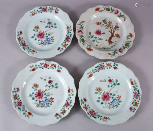 FOUR 18TH CENTURY CHINESE FAMILLE ROSE PORCELAIN PLATES, eac...
