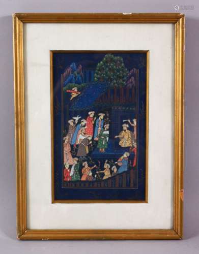 A PERISAN MINIATURE FRAMED PAINTING, depicting many figures ...