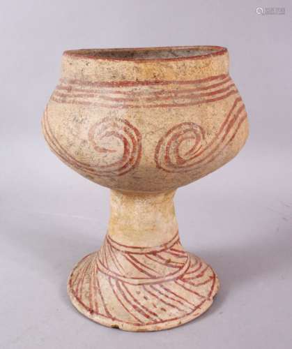 AN EARLY THAI BAN CHIANG POTTERY PEDESTAL VASE, with orange ...