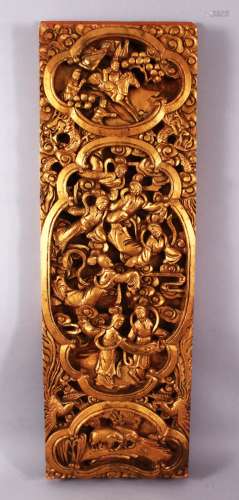 A LARGE 19TH CENTURY CHINESE GILTWOOD WALL PANEL, the panel ...