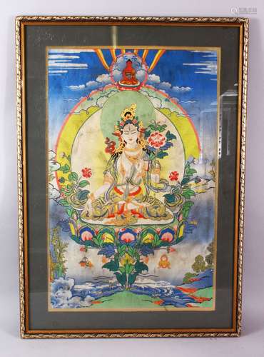 A CHINESE TIBETAN THANKA, the thanka depicting seated buddha...