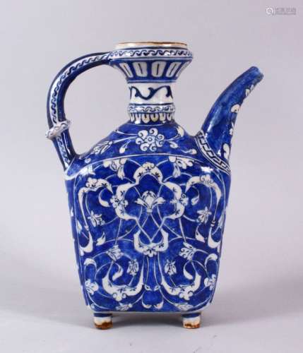A POSSIBLE EARLY IZNIK BLUE & WHITE WATER FLASK, decorated w...