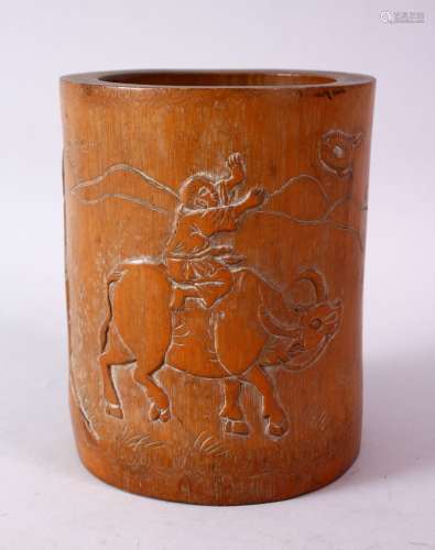 AN 18TH CENTURY CHINESE BAMBOO BRUSH POT, carved with a man ...
