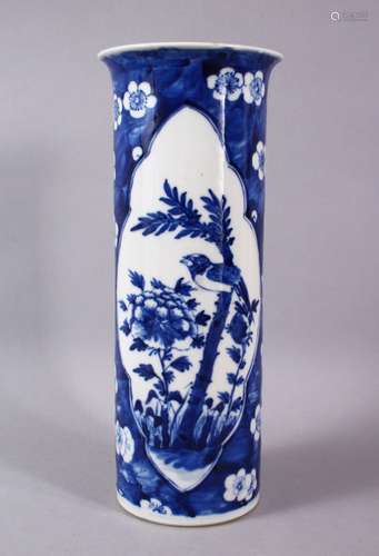 A 19TH CENTURY CHINESE BLUE AND WHITE PRUNUS SLEEVE VASE, pa...