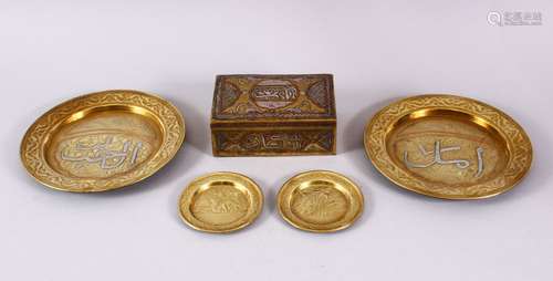 A MIXED LOT OF 5 SILVER INLAID BRASS CAIROWARE ITEMS, compri...