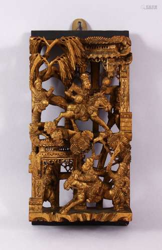 A 19TH CENTURY CHINESE GILTWOOD WALL PANEL, the panel carved...