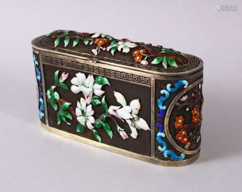 A CHINESE SILVER & ENAMEL LIDDED BOX, with enamel decoration...