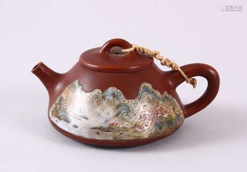 A CHINESE YIXING CLAY PAINTED TEAPOT - the body decorated wi...