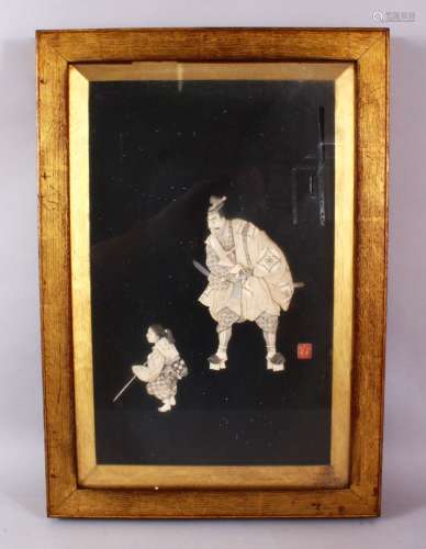A JAPANESE MEIJI IVORY, BONE AND MOTHER OF PEARL PANEL, depi...