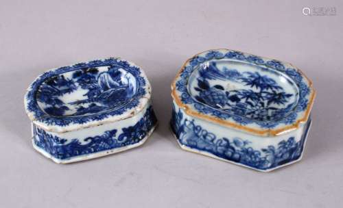 TWO 18TH CENTURY CHINESE BLUE & WHITE SALTS, each with under...