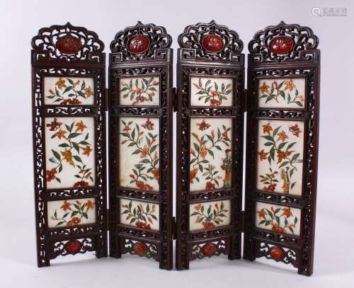 A CHINESE JADE PANEL AND WOODEN FOLDING SCREEN, 37cm high, 4...