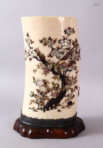 A JAPANESE MEIJI PERIOD CARVED IVORY & SHIBAYAMA TUSK VASE S...