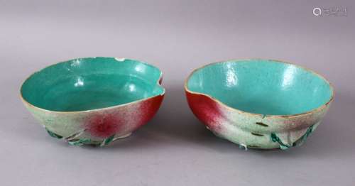 A PAIR OF CHINESE TURQUOISE GLAZED PEACH FORMED DISHES, each...