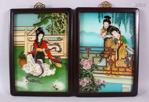 A PAIR OF REVERSE PAINTED FRAMED PICTURES, of young ladies, ...
