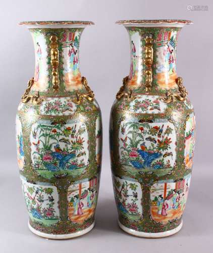 A LARGE PAIR OF 19TH CENTURY CHINESE CANTON FAMILLE ROSE VAS...