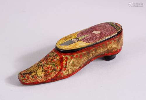 AN UNUSUAL PERSIAN LACQUER PAPIER MACHE SHOE SHAPED SNUFF, T...