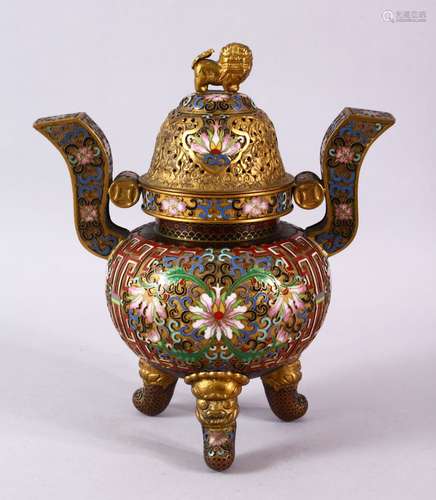 A CHINESE CLOISONNE TRIPOD CENSER & COVER - the censer with ...