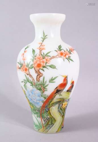 A 19TH CENTURY CHINESE OPAQUE GLASS VASE, painted with birds...